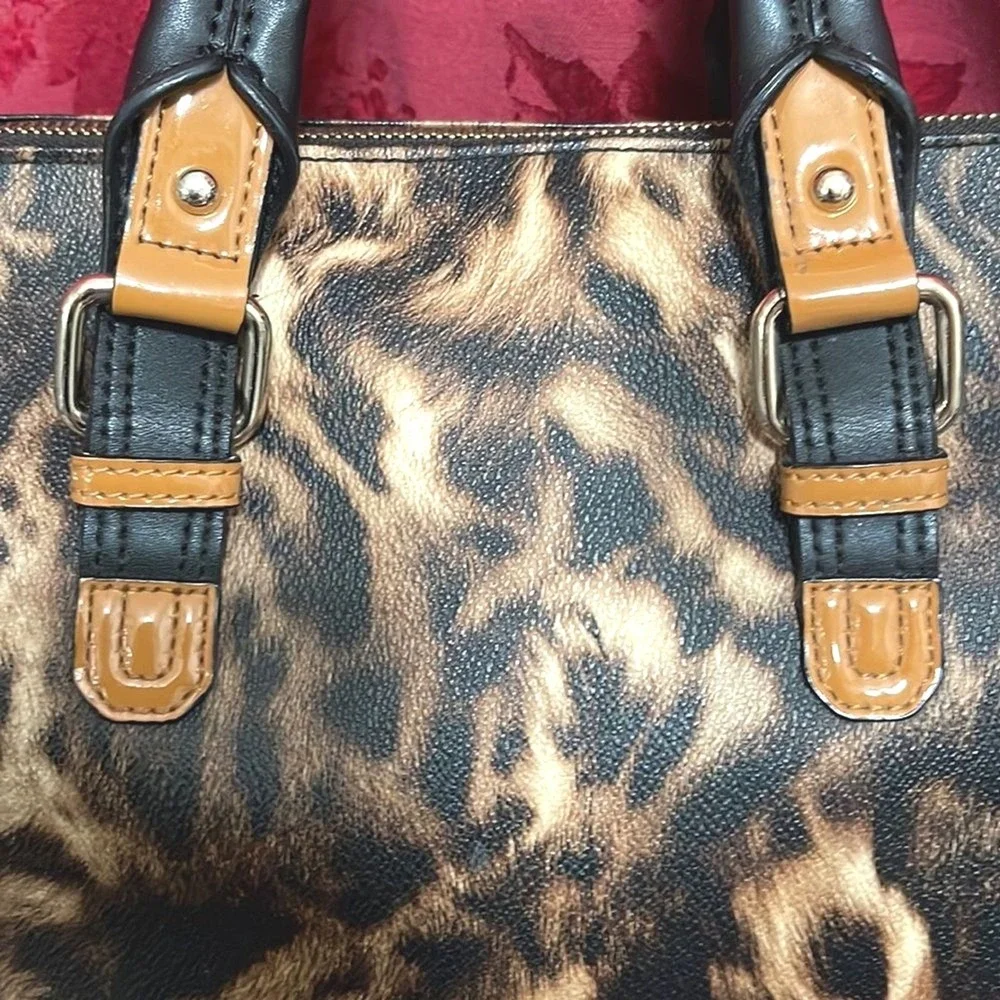 Calvin Klein Leopard Print Satchel Bag Black‎ Patent Trim Gold Hardware Handbag